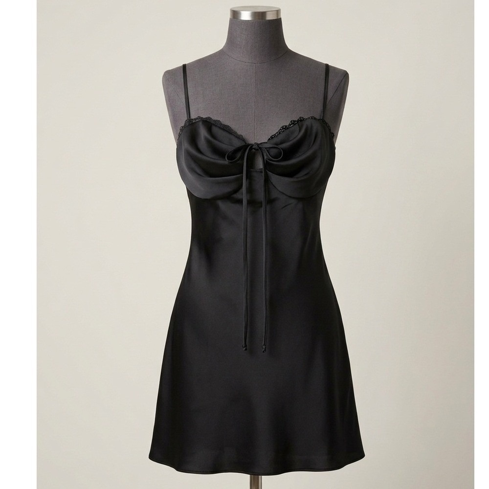 Y2K B. Darlin Black Satin Tie Front Mini Slip Dress Milkmaid Coquette S
